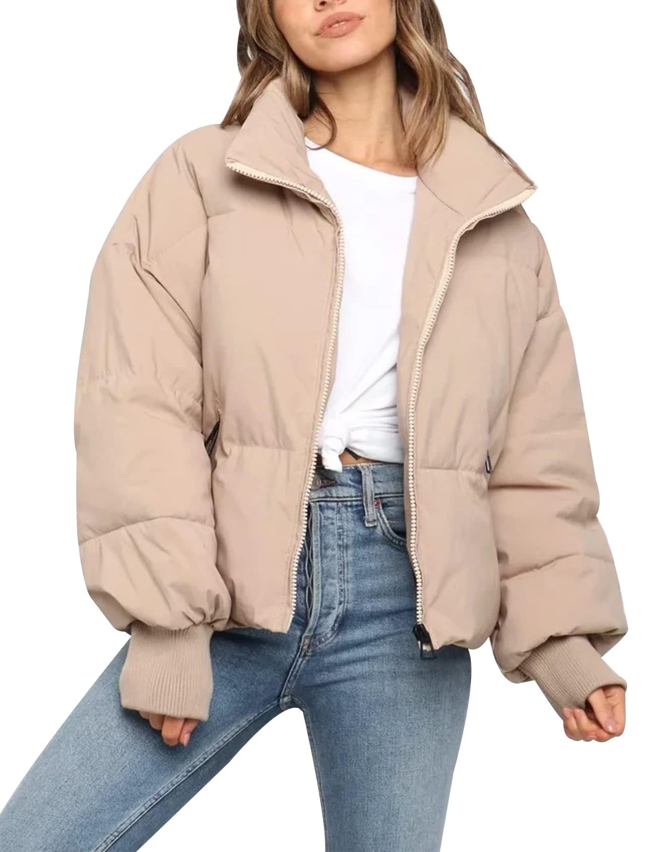 Flygo Winter Cropped Puffer Jacket Coats for Women 2025 Short Warm Quilted Jackets Outerwear with Pockets
